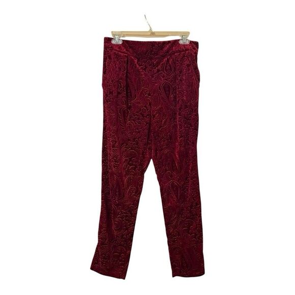 Free People Womens Size Small High Rise Velvet Embossed Paisley Burgundy Pants - Picture 1 of 4